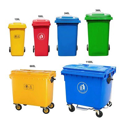 Outdoor garbage bins with wheels of different capacities Outdoor garbage bins with wheels of different capacities
